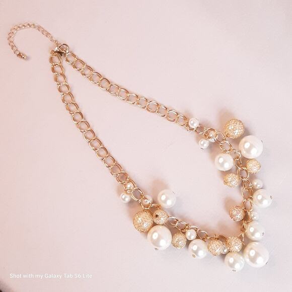 Statement Choker Necklace Gold Tone Double Chain Links Multi Size Pearly Beads - Picture 3 of 12